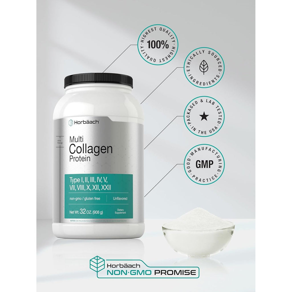 Horbaach Multi Collagen Protein Powder 32 Oz | Types I, II, III, IV, V, VII, VIII, X, XII, and XXII | Grassfed Collagen Peptides | Keto & Paleo Friendly | Unflavored & Gluten Free