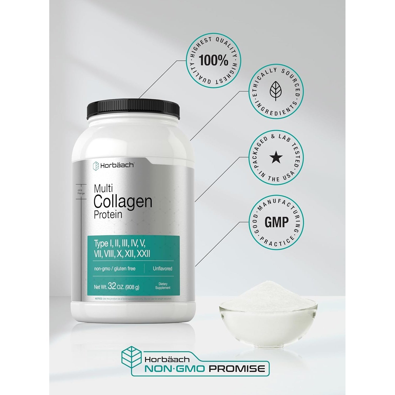 Horbaach Multi Collagen Protein Powder 32 Oz | Types I, II, III, IV, V, VII, VIII, X, XII, and XXII | Grassfed Collagen Peptides | Keto & Paleo Friendly | Unflavored & Gluten Free