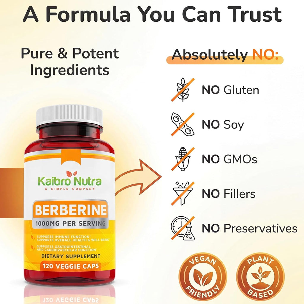 Kaibro Nutra Berberine HCL Supplement 1000Mg - for Immune System, Glucose Support, Circulatory & Gastrointestinal Health, Vegan & Gluten-Free (120 Capsules)