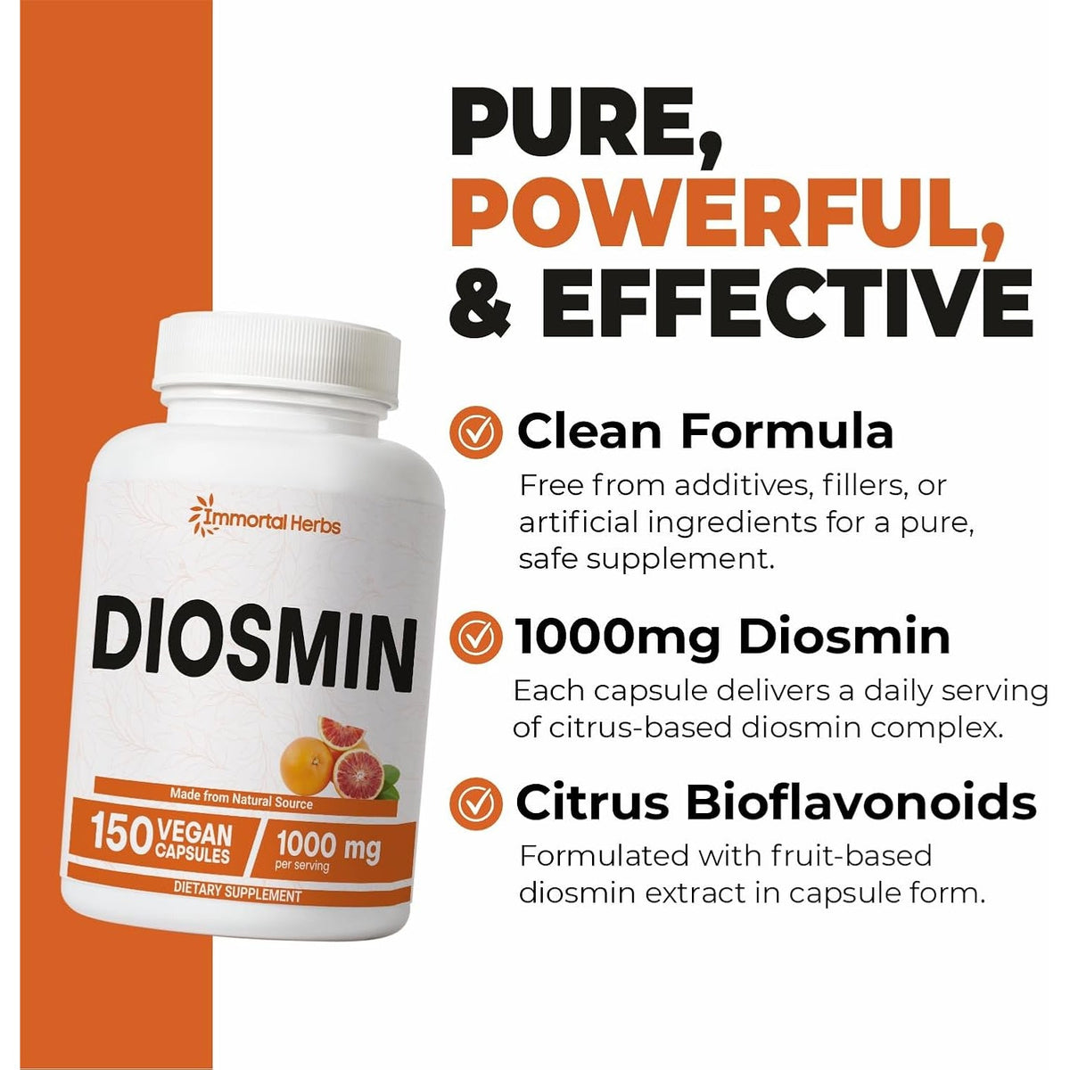 Pure Diosmin 1000Mg Complex Formula, 150 Capsules, Citrus Bioflavonoids Rich Fruit Extract, 100% Vegetarian, Non-Gmo & Gluten Free Diosmin Supplement