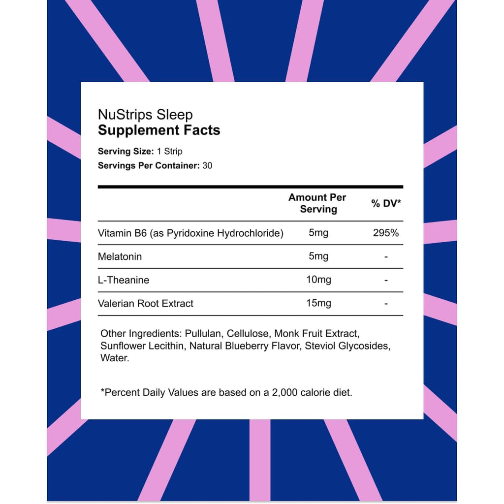 Nustrips™ Fast-Dissolving Sleep Strips with 5Mg Melatonin, Valerian Root, L-Theanine & Vitamin B6 – Blueberry Flavor - Natural Sleep Aid, Vegan, Non-Gmo, Gluten Free – Fall Asleep Fast (30 Strips)