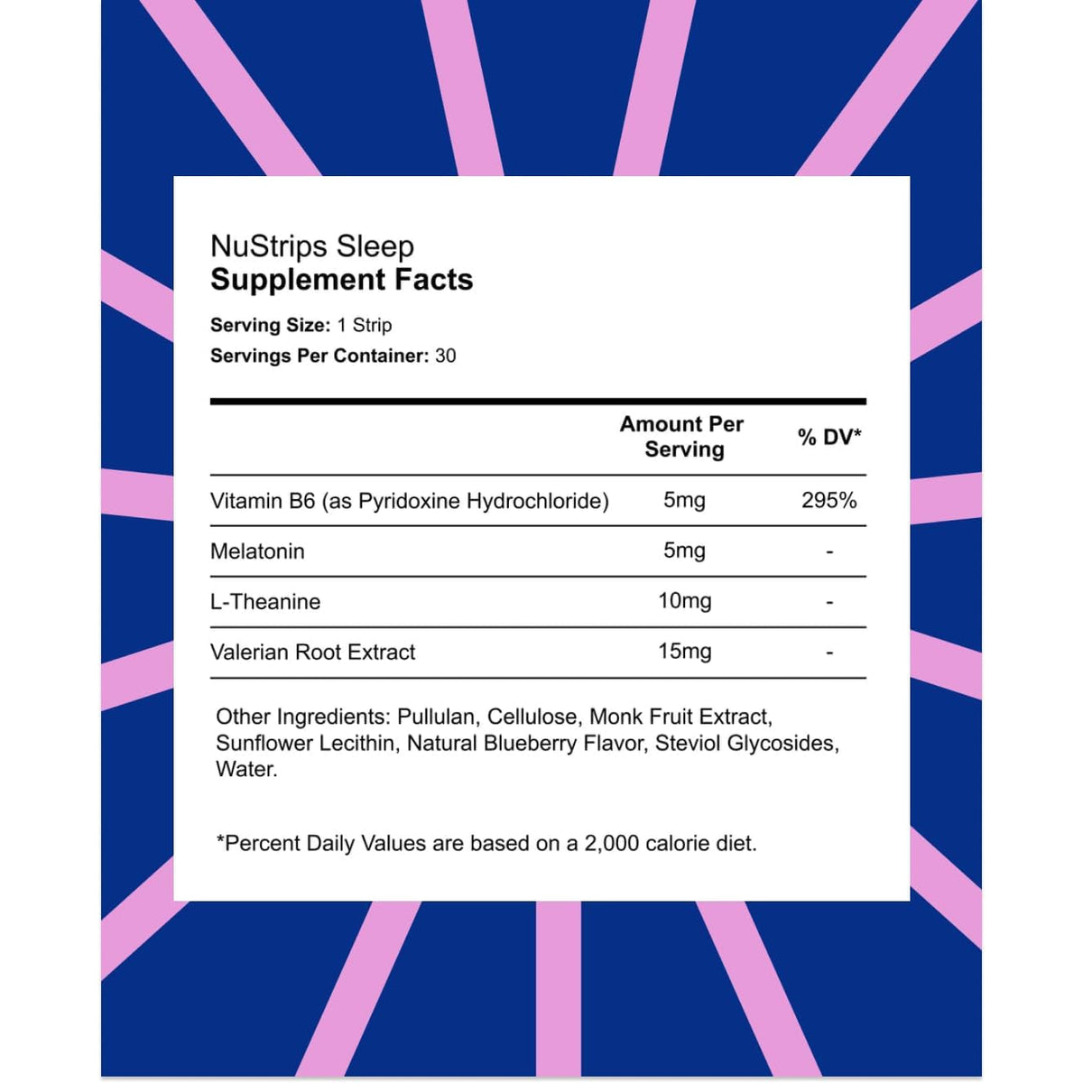 Nustrips™ Fast-Dissolving Sleep Strips with 5Mg Melatonin, Valerian Root, L-Theanine & Vitamin B6 – Blueberry Flavor - Natural Sleep Aid, Vegan, Non-Gmo, Gluten Free – Fall Asleep Fast (30 Strips)