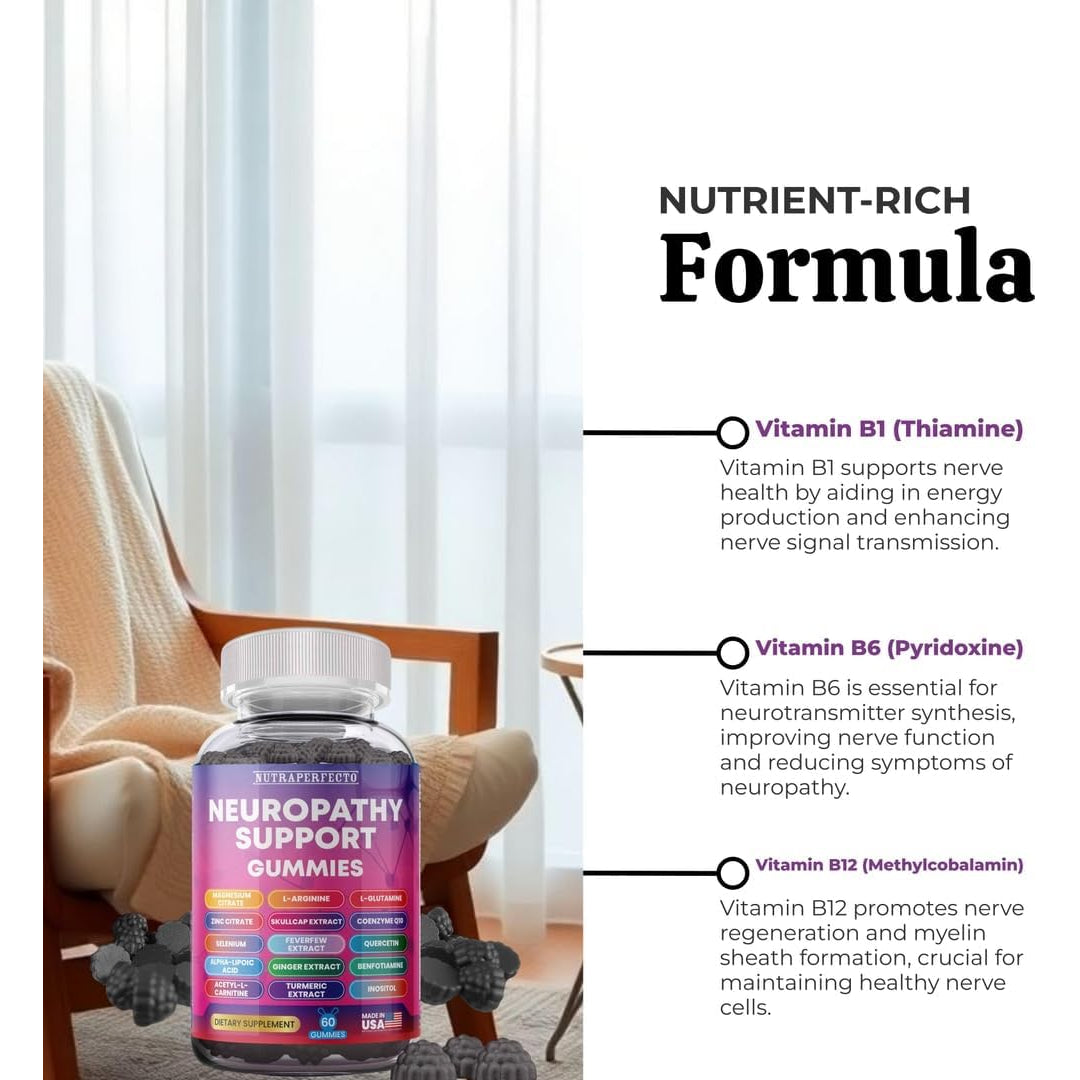 Sugar Free Neuropathy Support Gummies for Nerve – Enhanced Nerve Health, Regeneration, Cognitive Support with Vitamin B1, B6, B12, Magnesium, ALA, Turmeric, Coq10 & More