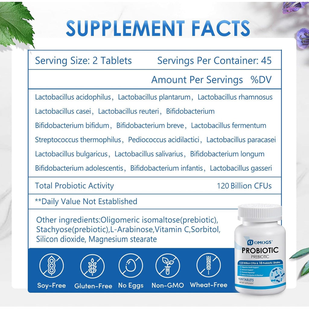 OMOGS Probiotics 120 Billion Cfus 18 Strains,With 3 Organic Prebiotics & Vitamin C,Nutritional Supplement for Women,Men & Kids,Support Metabolism,Immunity and Digestive Health,Non-Gmo, 120 Tablets