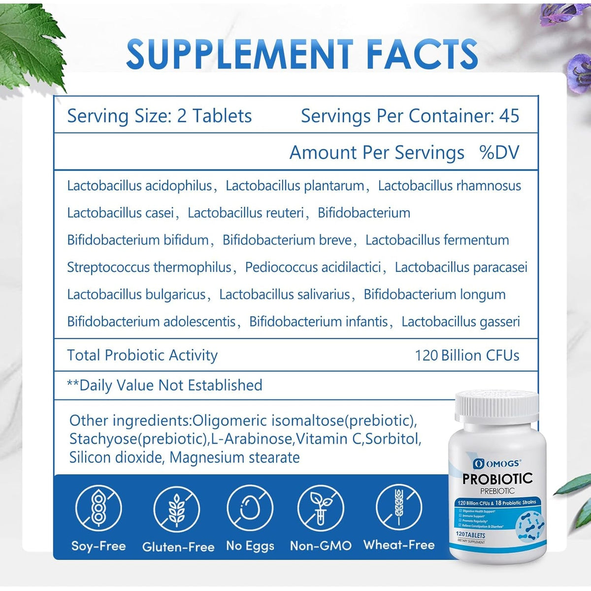 OMOGS Probiotics 120 Billion Cfus 18 Strains,With 3 Organic Prebiotics & Vitamin C,Nutritional Supplement for Women,Men & Kids,Support Metabolism,Immunity and Digestive Health,Non-Gmo, 120 Tablets