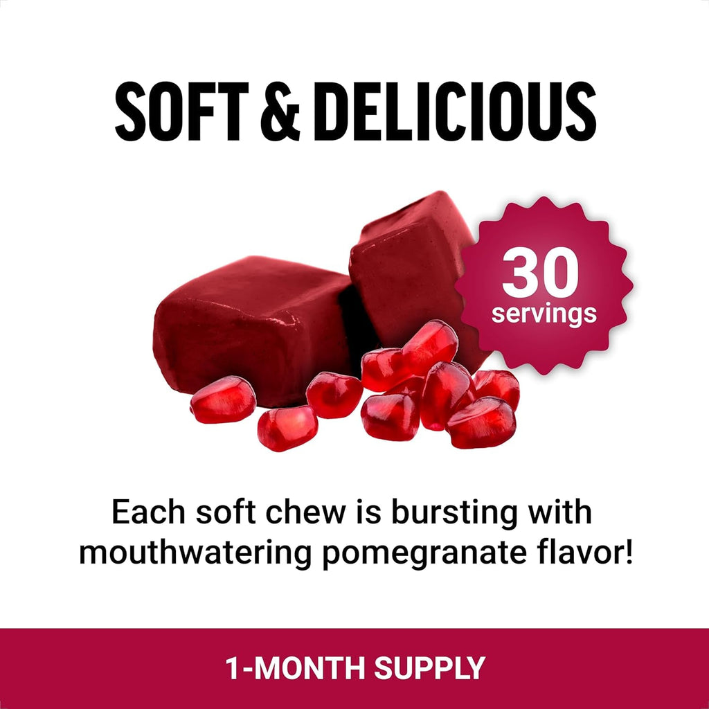Force Factor Pomegranate Soft Chews for Healthy Aging, Heart, Bone, & Brain Health, Made with Real & Premium Pomegranate Juice Powder, Non-Gmo, Gluten-Free, Vegan, Pomegranate Flavor, 30 Soft Chews