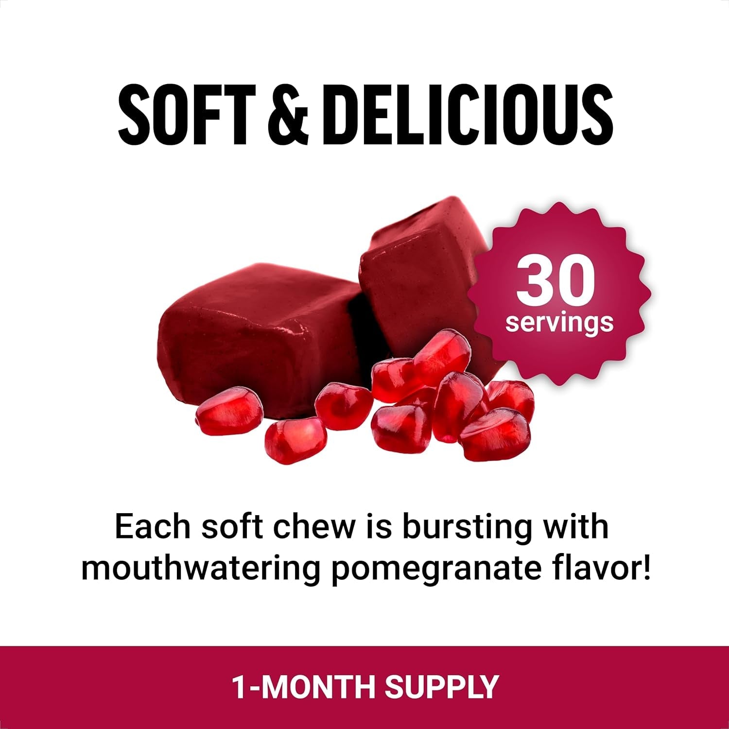 Force Factor Pomegranate Soft Chews for Healthy Aging, Heart, Bone, & Brain Health, Made with Real & Premium Pomegranate Juice Powder, Non-Gmo, Gluten-Free, Vegan, Pomegranate Flavor, 30 Soft Chews