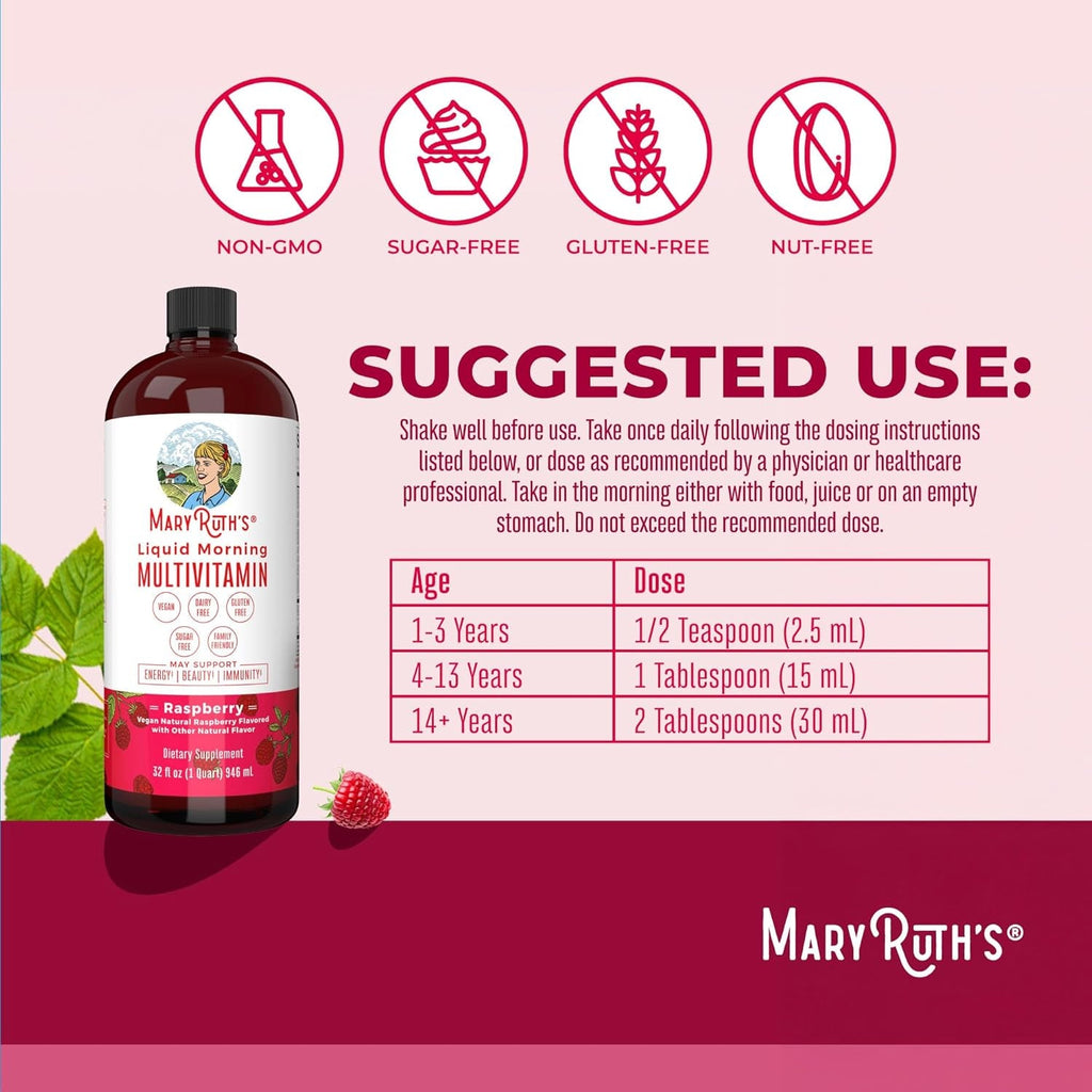 MARYRUTH'S Liquid Multivitamin for Women, Men & Kids | Vitamin a C D E B6 B12 Biotin Zinc | Immunity | Energy Metabolism | 15+ Key Nutrients | Vegan | Non-Gmo | Gluten Free | Sugar Free | 32 Servings
