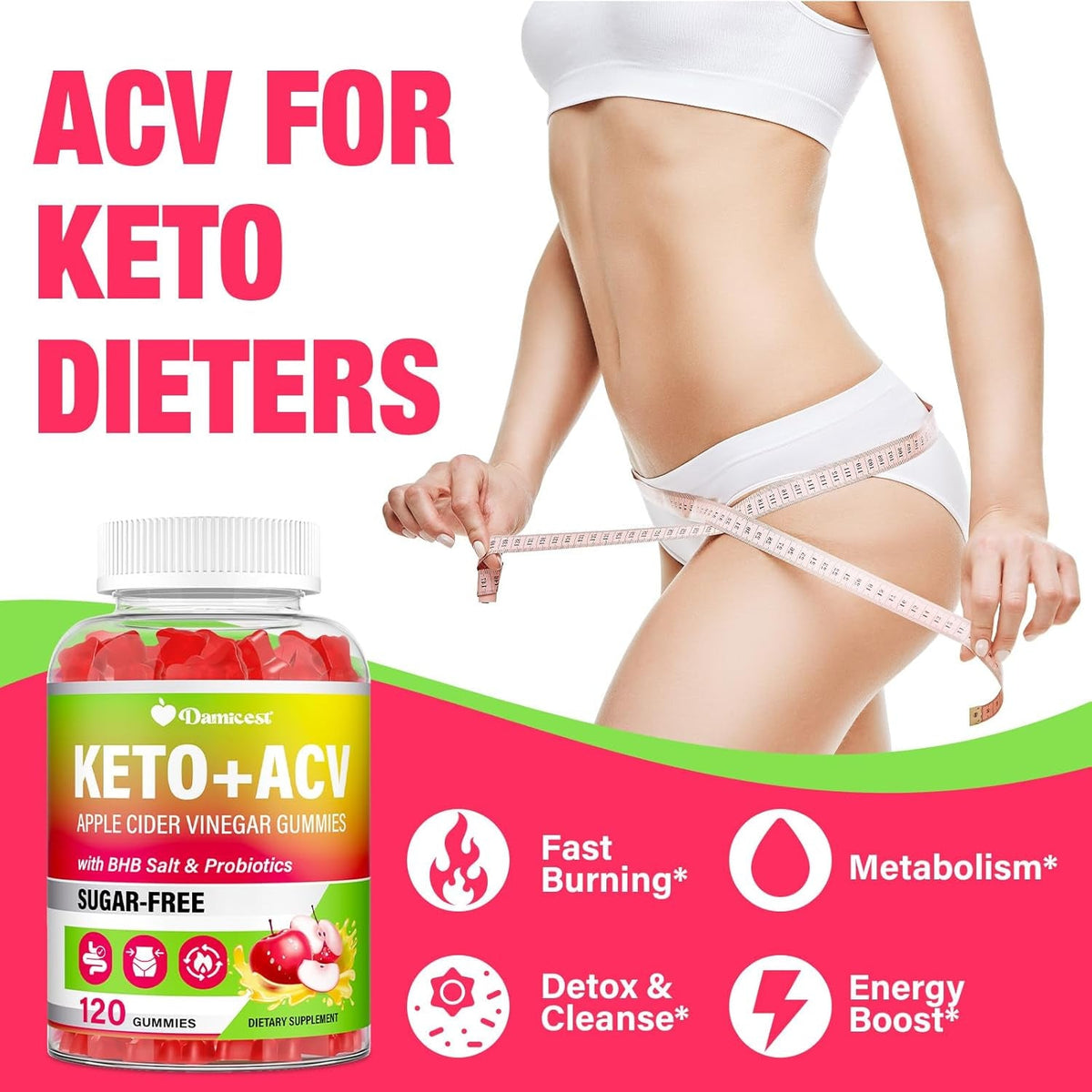 Apple Cider Vinegar Gummies, Keto ACV Gummies with the Mother, Advanced Formula with Probiotics, Vitamin B12 & Keto Blend, ACV for Cleanse & Detox, Metabolism, Digestion & Gut- Sugar Free, 120 Counts