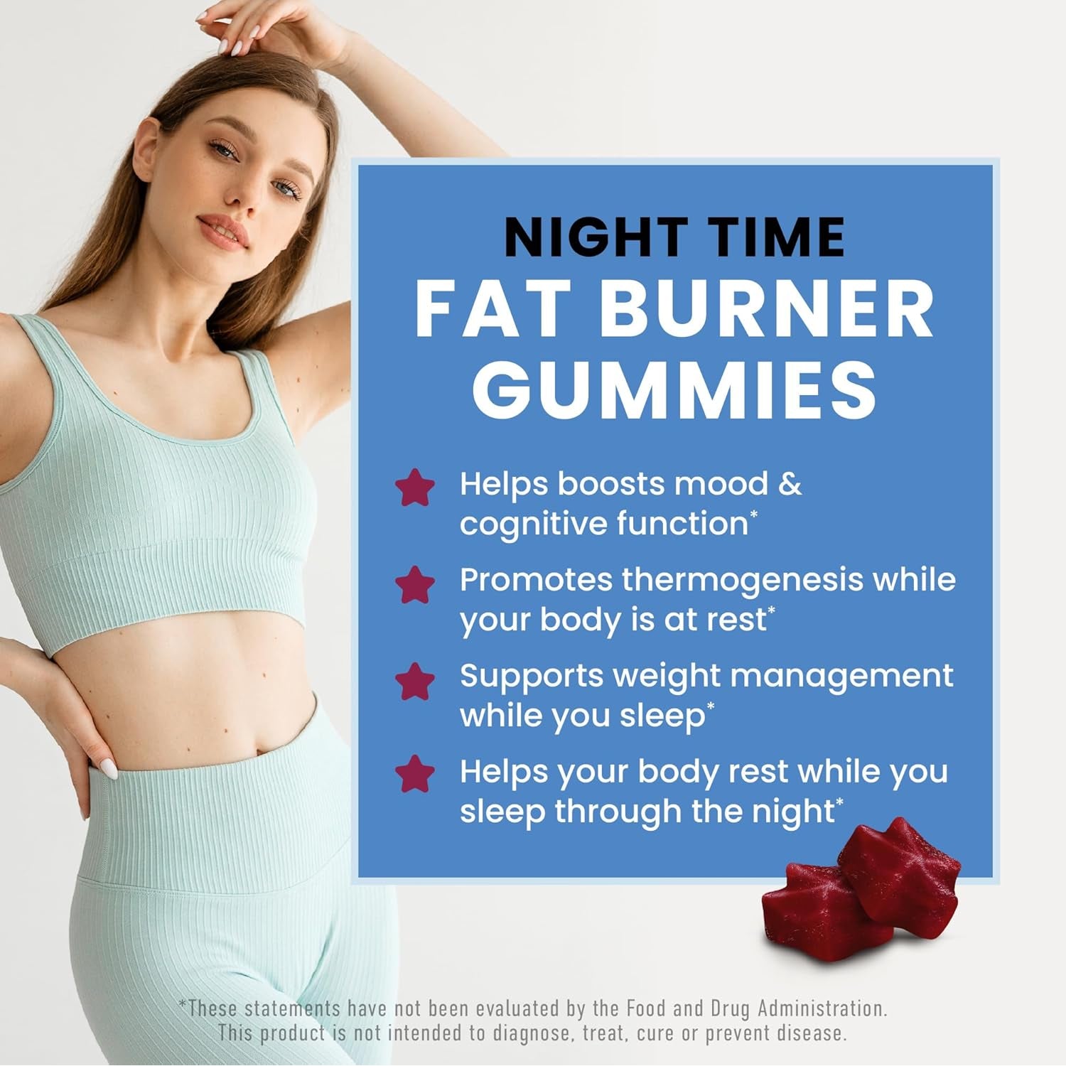 Night Time Fat Burner Gummies, Sleep Support & Weight Loss Supplement | Slimming Hunger Suppressant & Metabolism Booster, Shred Belly Fat While You Sleep | Nighttime Diet Gummies for Women & Men 60Ct