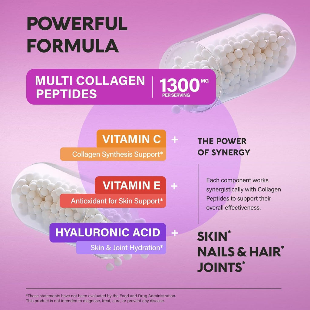 Multi Collagen Peptides - Hydrolyzed Types I, II, III, V & X - Collagen Supplement for Women 1300Mg - W/ Hyaluronic Acid, Vitamins C & E - Skin, Hair, Nails & Joint Support - Lab Tested - 120 Capsules