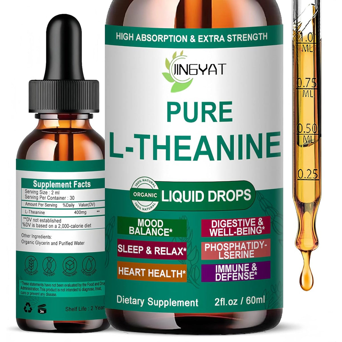 L Theanine Liquid Drops, Pure L-Theanine 400Mg for Adults and Kids, Organic High Absorption L Theanine Supplement, Natural Focus Supplement, Non-Gmo | Gluten Free | 30 Servings