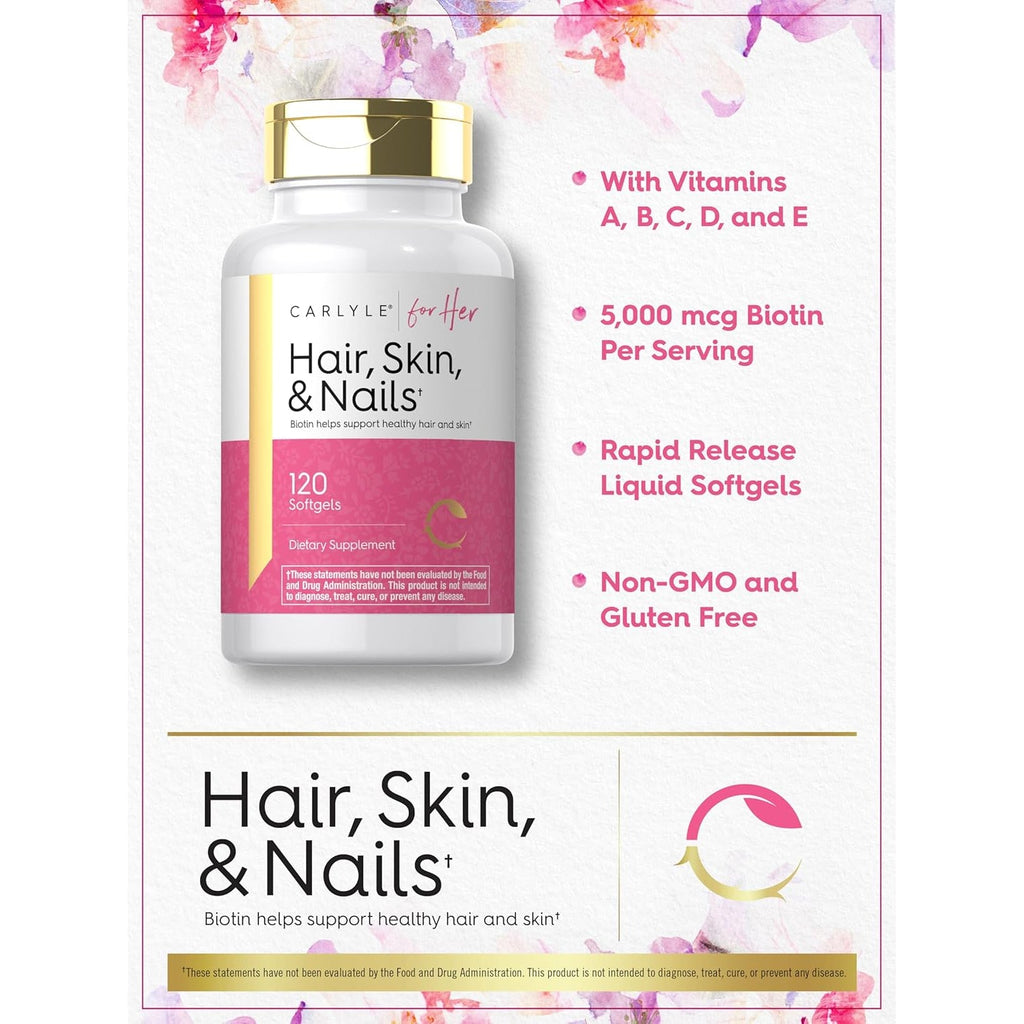 Carlyle Hair Skin and Nails Vitamin | 120 Softgels | Beauty Formula Supplement | with Biotin and Collagen Zinc, Vitamin A, B6, C & E | Non-Gmo, Gluten Free