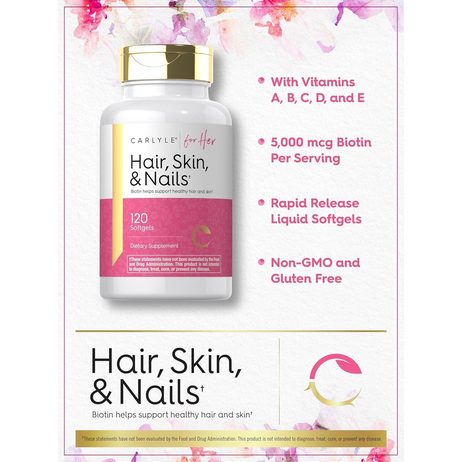Carlyle Hair Skin and Nails Vitamin | 120 Softgels | Beauty Formula Supplement | with Biotin and Collagen Zinc, Vitamin A, B6, C & E | Non-Gmo, Gluten Free