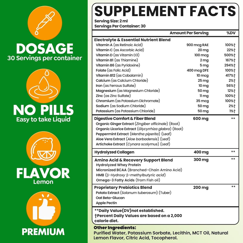 Glp 1 Liquid Drops for Women & Men, 27-In-1 Formula with Chromium, Hydrolyzed Collagen & Prebiotics & More | Vegan, Non-Gmo, Fast Absorption - 60 Ml(Lemon Flavor)
