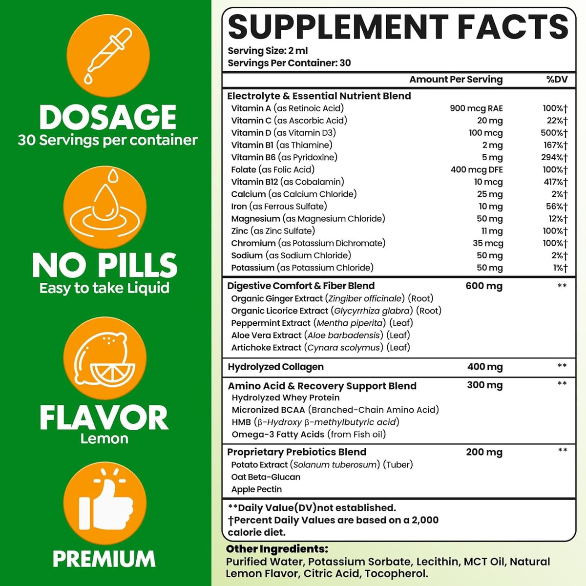 Glp 1 Liquid Drops for Women & Men, 27-In-1 Formula with Chromium, Hydrolyzed Collagen & Prebiotics & More | Vegan, Non-Gmo, Fast Absorption - 60 Ml(Lemon Flavor)