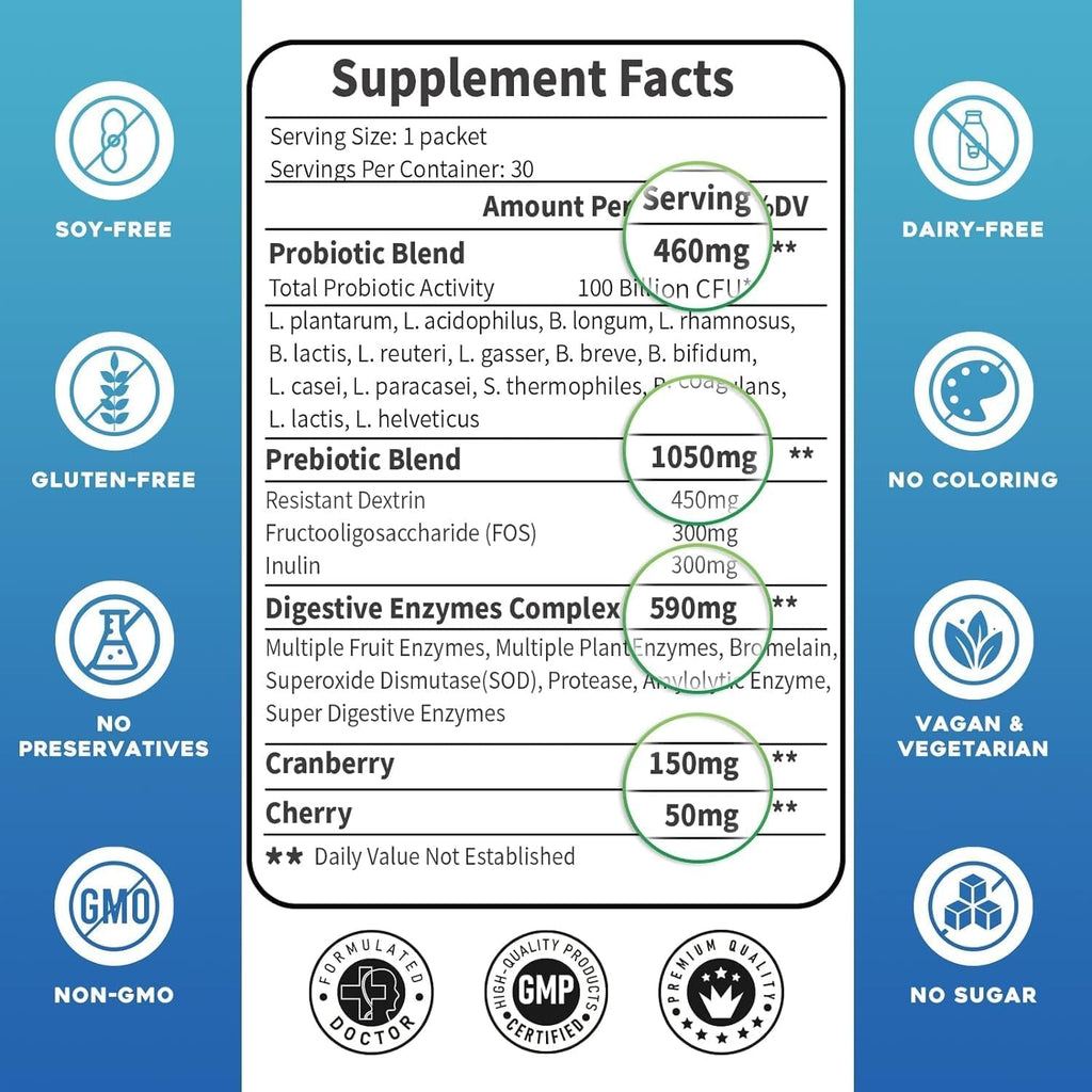 Probiotics for Women & Men - 100 Billion plus Digestive Enzymes & Prebiotics, Highest Potency 3-In-1 Complete Probiotics for Digestive Health, Immune Support