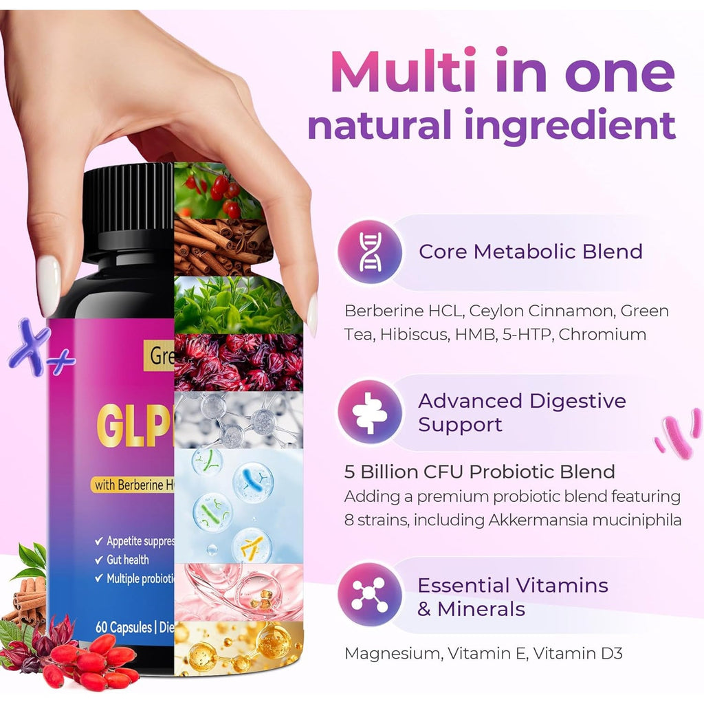 Grevol GLP1 Support Supplement for Women : Berberine Supplement with Ceylon Cinnamon & Akkermansia for Weight Management - Appetite Suppressant & Metabolism Support – 60 Capsules