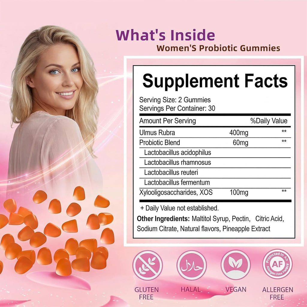 Women'S Probiotics Gummies with Slippery Elm – Vaginal Health, Gut Health & Ph Balance Support, Pineapple Flavor – Gluten Free, Vegan (30 Servings)（Q2）