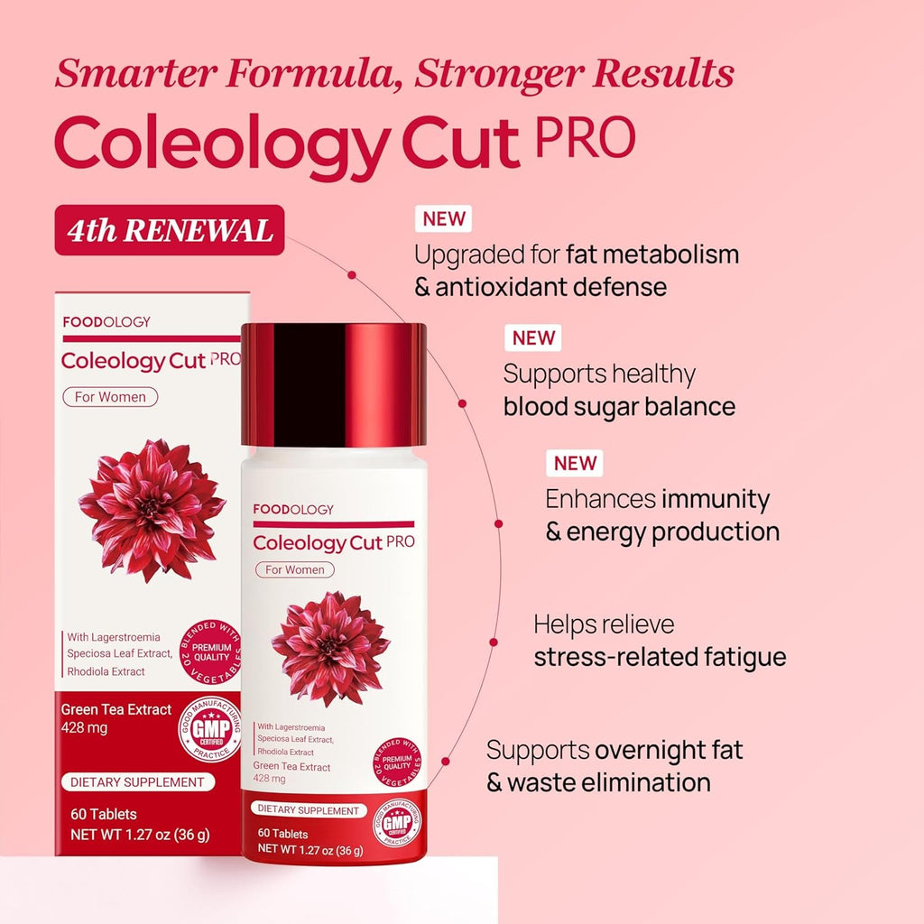 FOODOLOGY Coleology Cut PRO – Green Tea Extract 428Mg Nighttime Fat Metabolism Support for Women, 9-In-1 Formula with Banaba Leaf & Rhodiola Rosea, Korean Dietary Supplement, 30 Day Supply