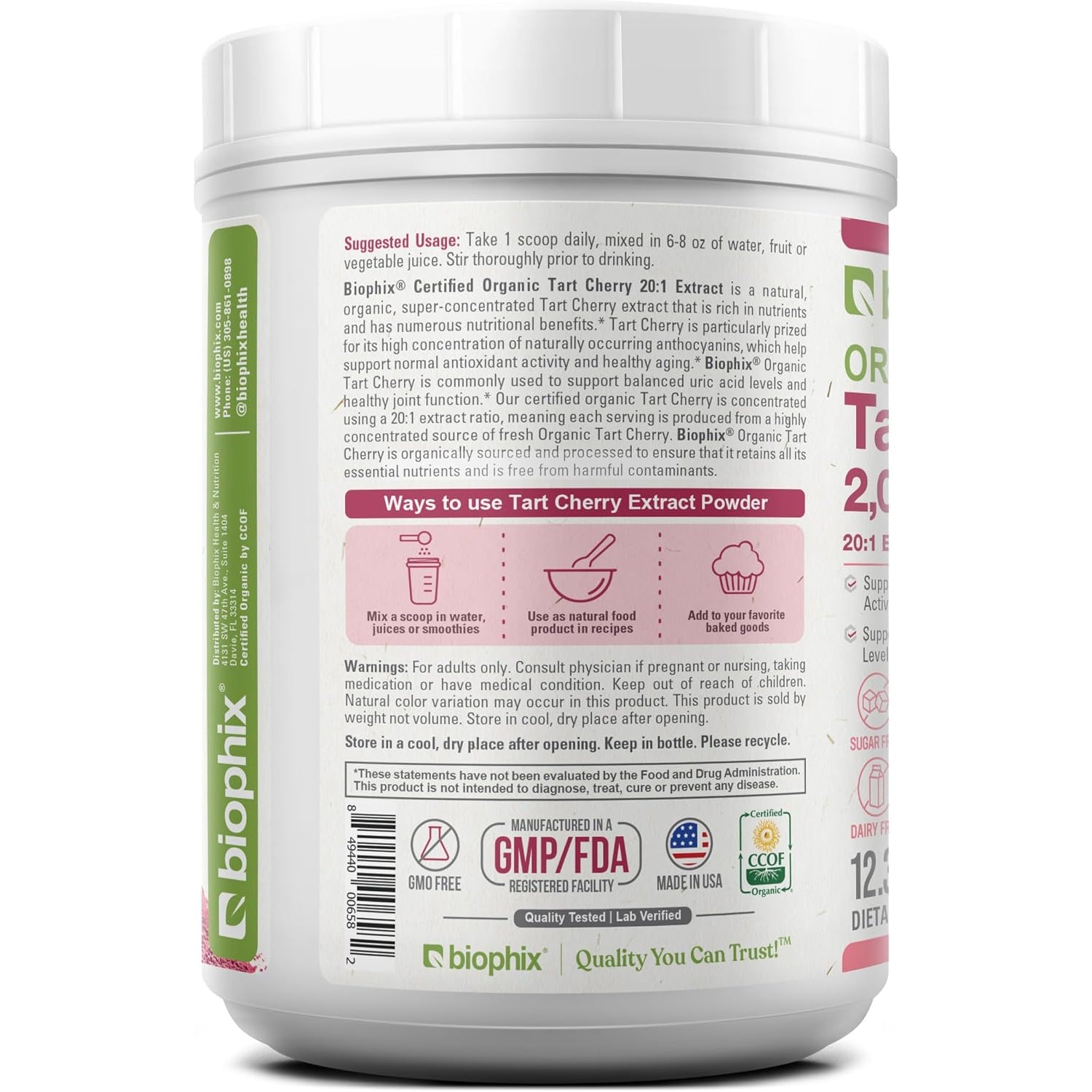 Biophix Tart Cherry Powder Organic USDA 20:1 Extract 12.3 Oz 350 G - Antioxidant-Rich Superfood - Supports Heart Health - Digestive Health - Natural Flavor - No Sugar Added