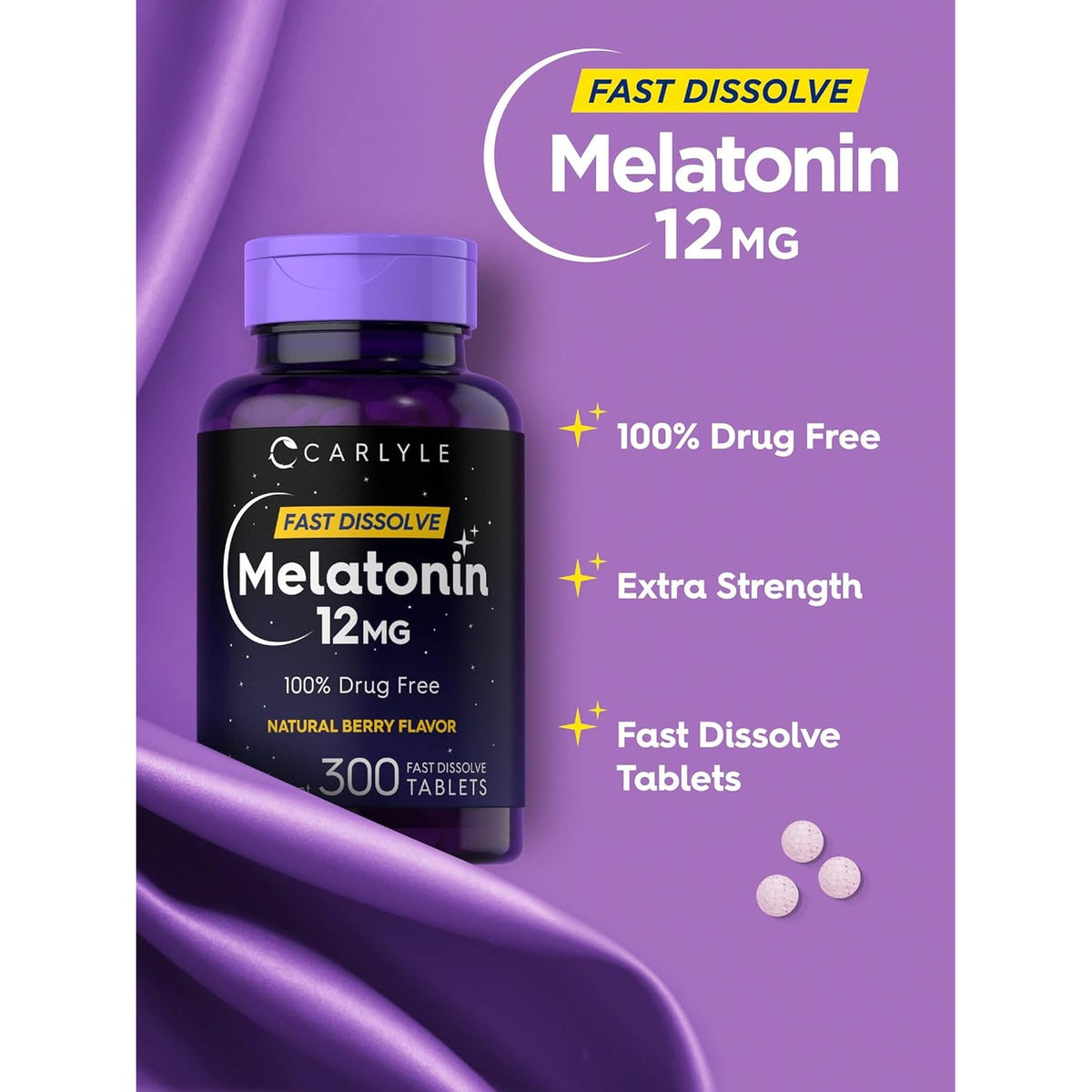 Carlyle Melatonin 12 Mg Fast Dissolve 300 Tablets | Drug Free | Natural Berry Flavor | Vegetarian, Non-Gmo, Gluten Free