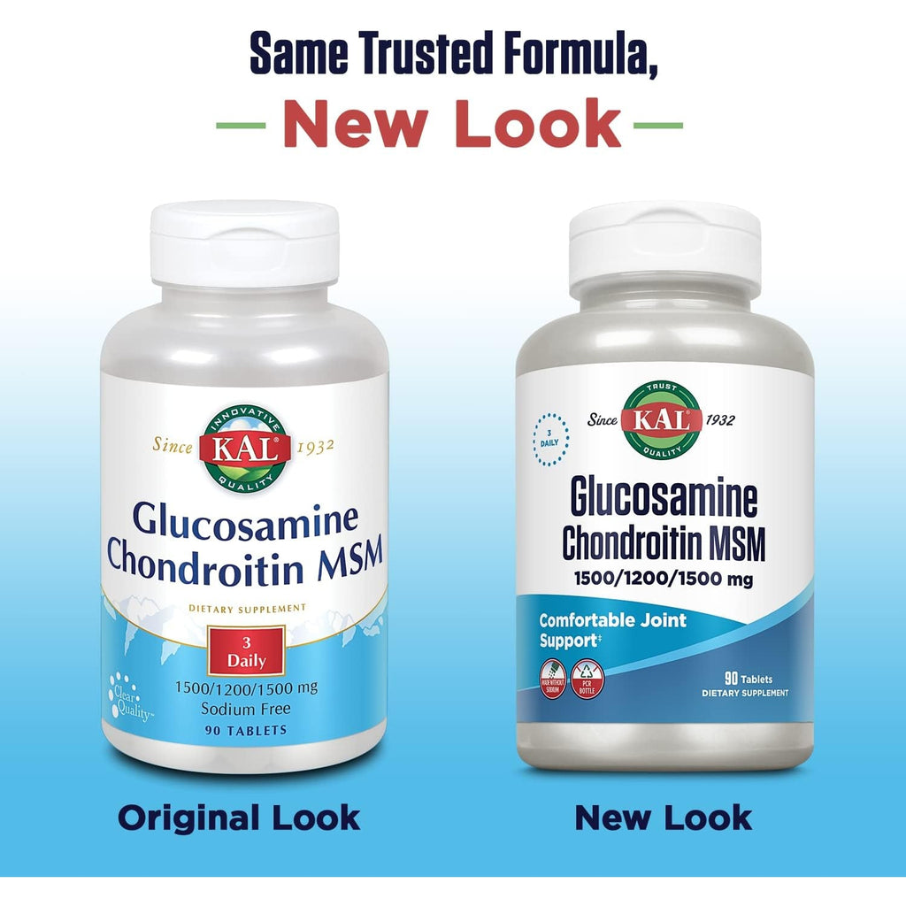 KAL Glucosamine Chondroitin MSM, Joint Support Supplement for Women and Men, 1500Mg Glucosamine Sulfate, 1200Mg Chondroitin, 1500Mg MSM, Rapid Disintegration, 60-Day Guarantee, 30 Servings, 90 Tablets