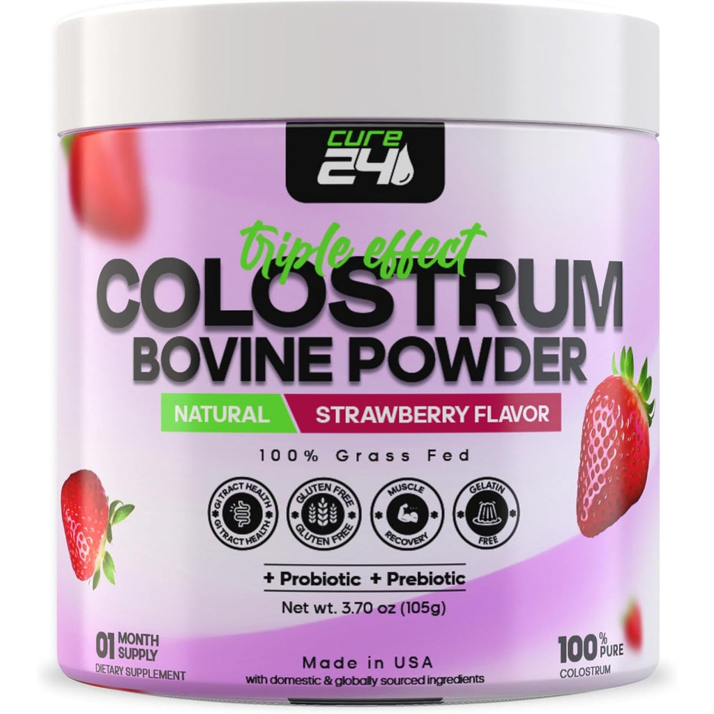Bovine Colostrum X3 Supplement Powder for Humans, 100% Pure Whole Natural Grass Fed Superfood, High Igg, plus Probiotic & Prebiotic, Unflavored, Made in USA (Strawberry)