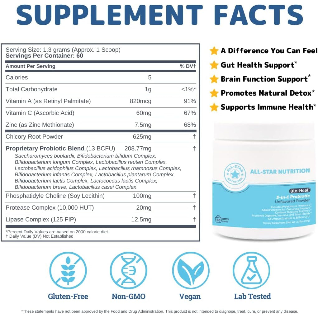 5-In-1 Bio-Heal® Probiotic for Kid, Men & Women (Powder) - Best Supplement for Brain Function, Gut Health & Constipation - Shelf Stable & Fortified with Vitamins, Minerals & Prebiotics