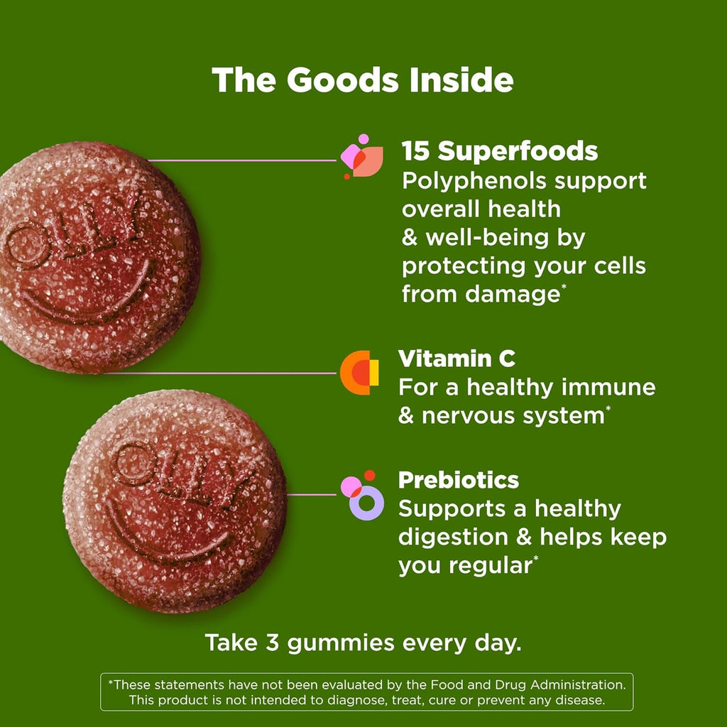OLLY Supergood Superfoods Gummies, Supports Immune System & Digestive Health,* 15 Superfoods, Prebiotics, Vitamin C, Tropical Bliss Flavor, 20 Day Supply - 60 Count