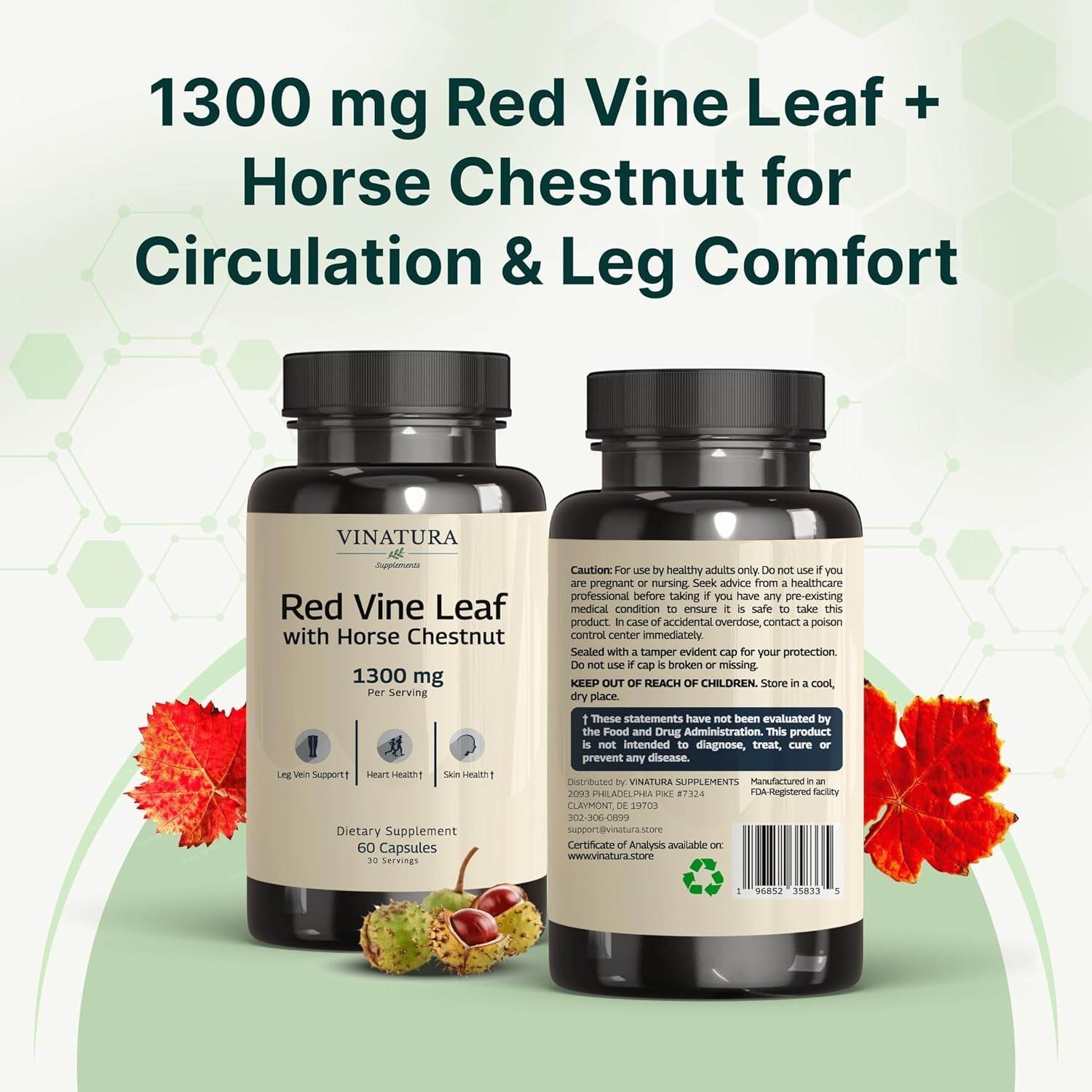 VINATURA Red Vine Leaf Extract - Horse Chestnut, 1300Mg/Serving *USA Made and Tested* Circulation and Vein Support for Healthy Legs - Helps Blood Flow, Leg Circulation - 60 Capsules (30 Servings)