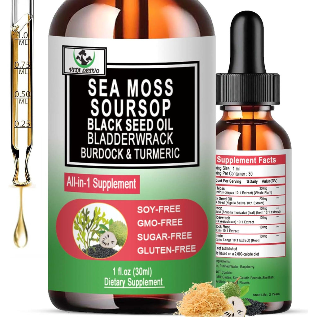 Sea Moss Black Seed Oil Soursop Liquid Drops with Bladderwrack Burdock Root Turmeric - Multimineral & Vitamins Superfood Drops Organic Non-Gmo for Immune & Digestive & Cell Support Skin Hair