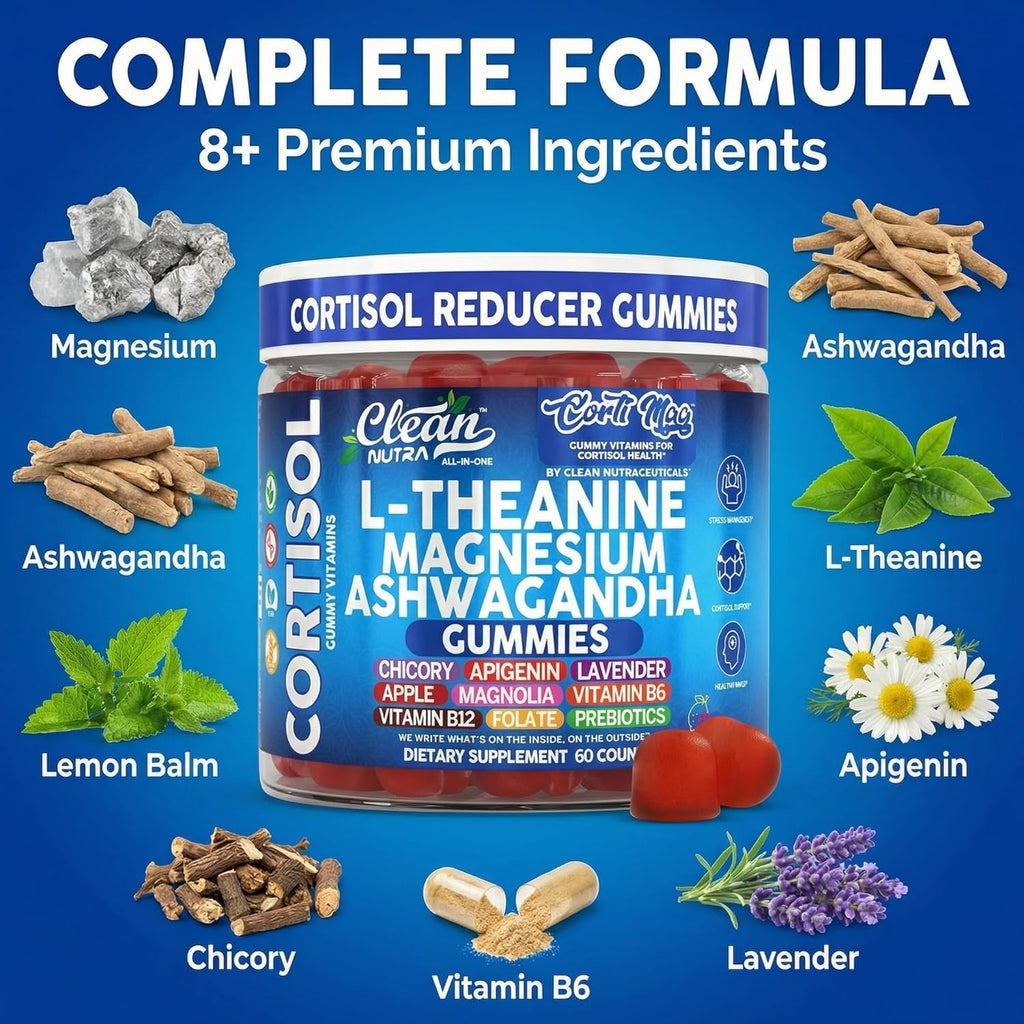 Clean Nutra Cortisol Supplement Gummies L-Theanine Magnesium Ashwagandha Apigenin Vitamin B6 Sleep and Calm Support Lavender Chicory Prebiotic Advanced Gummy Formula