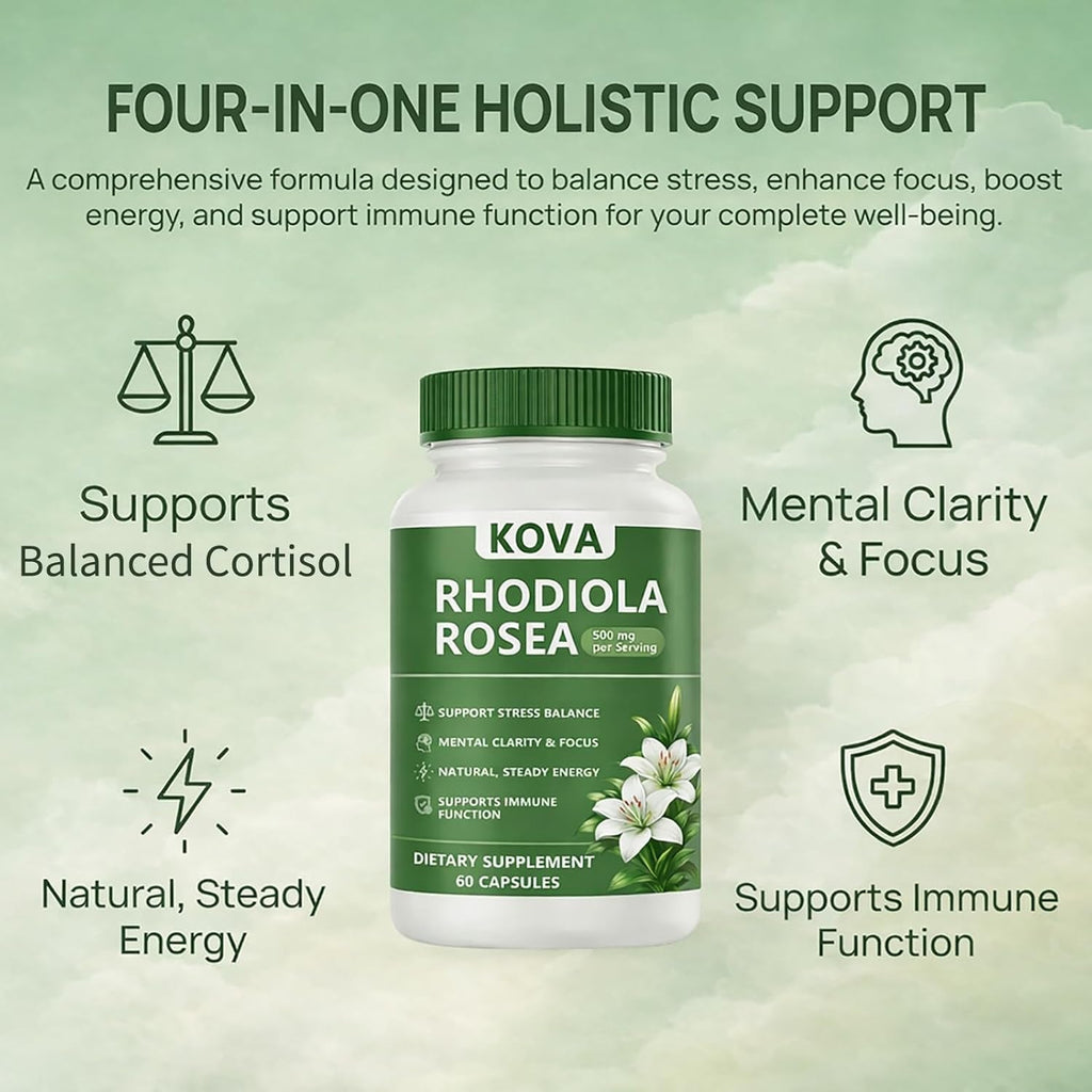 Wuliao KOVA Rhodiola Rosea Capsules, Rhodiola Rosea Extract Supplement for Balanced Cortisol - Stress & Focus Support, Metabolism, Energy & Immune Health – 60 Capsules (1)