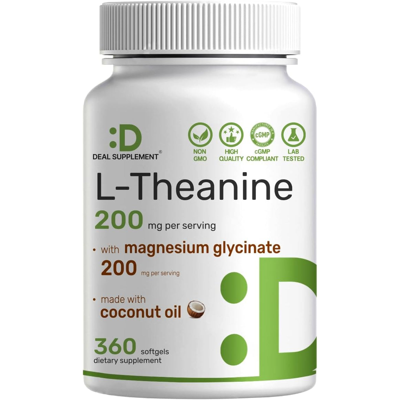 L-Theanine with Magnesium Glycinate, 360 Softgels | L-Theanine 200Mg & Magnesium Glycinate 200Mg per Serving | 2-In-1 Amino Acid & Mineral Complex | Made with Coconut Oil | Non-Gmo, Cgmp Manufactured