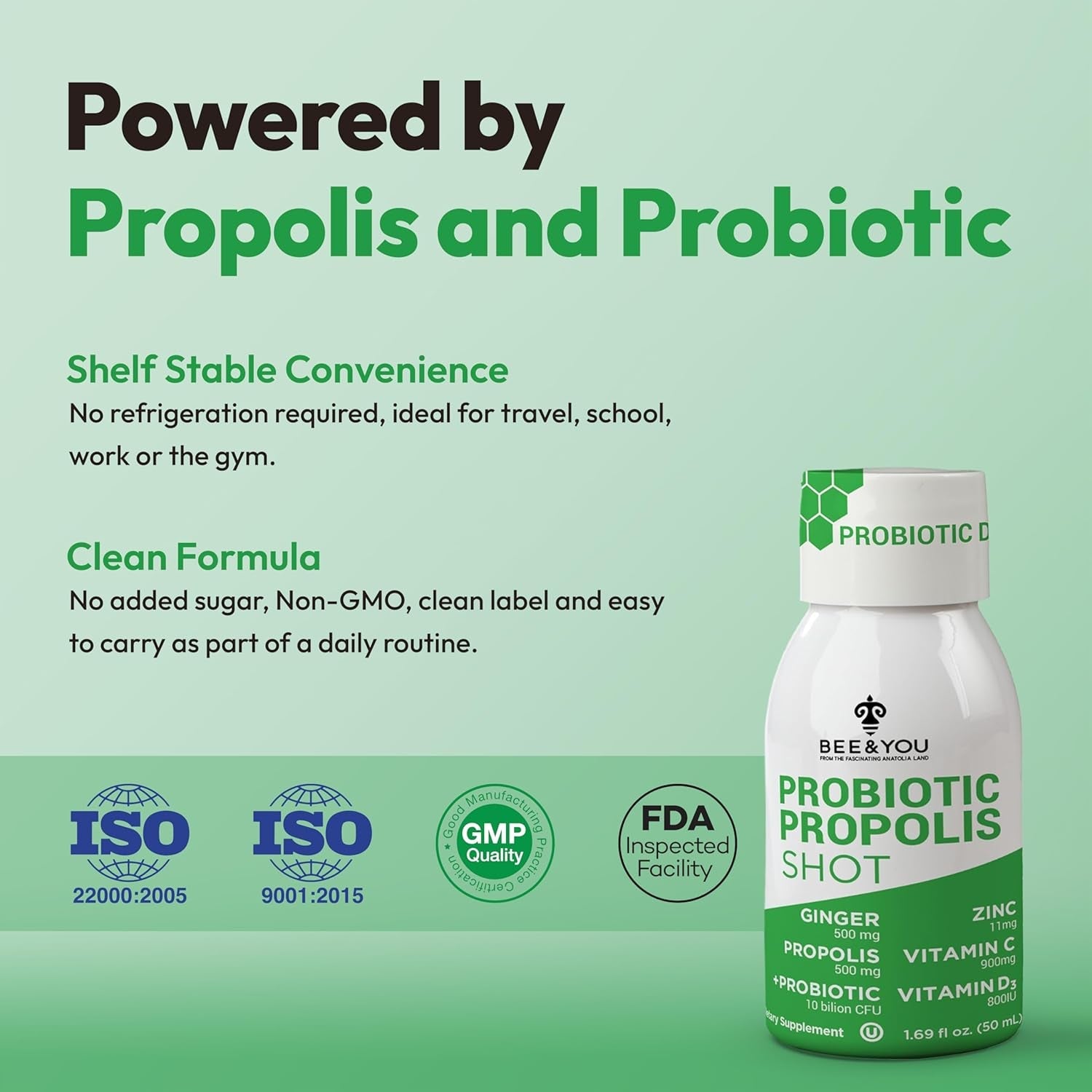 Bee and You Propolis Immune Shot, Probiotic, Vitamin C, Vitamin D3, Zinc, Ginger, Immune Support, Gut Health, Digestive Health, Bioactive 1.69 Fl. Oz, 12 Pack