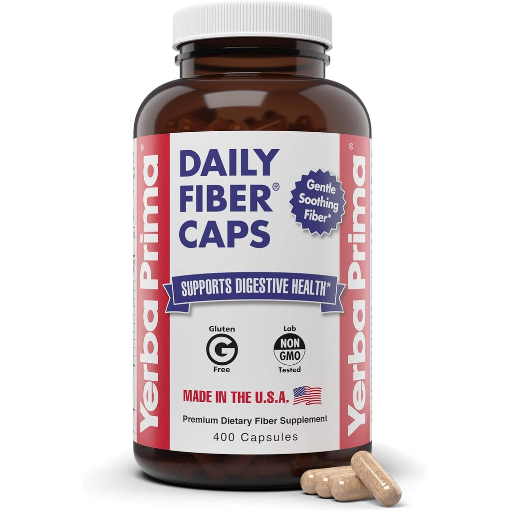 Yerba Prima Daily Fiber Caps Formula, 400 Capsules - Both Soluble and Insoluble - with Psyllium Seed Husks, Acacia Gum, Apple Fiber and More - Dietary Supplement