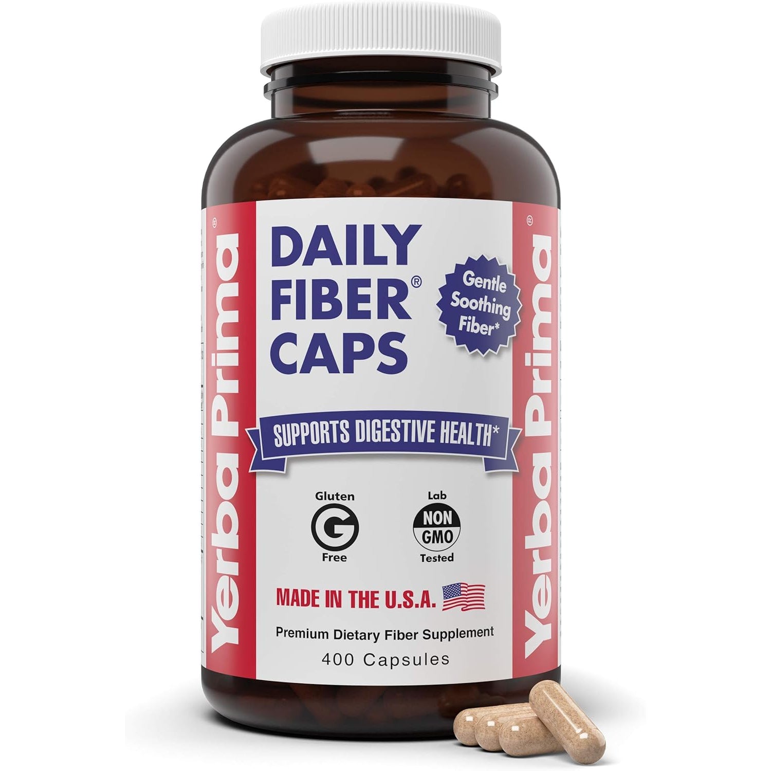 Yerba Prima Daily Fiber Caps Formula, 400 Capsules - Both Soluble and Insoluble - with Psyllium Seed Husks, Acacia Gum, Apple Fiber and More - Dietary Supplement