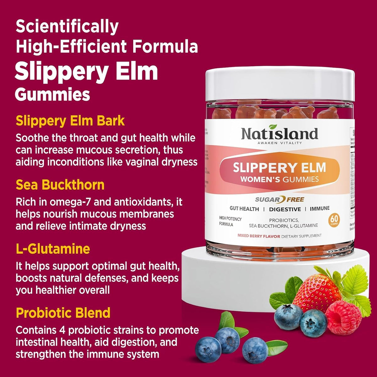 Slippery Elm for Women Gummies, Organic Slippery Elm Bark Extract with Probiotics, Sea Buckthorn, L-Glutamine for Gut & Digestive Health, Throat & Respiratory Support, Sugar Free, Vegan, 60 Gummies