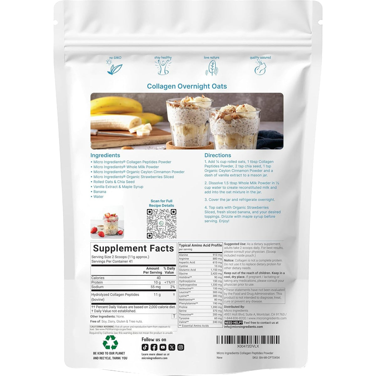 Micro Ingredients Hydrolyzed Collagen Peptides Powder, 1 Lb | Type I & III Collagen for Women & Men | Unflavored Bovine Collagen Protein | Easy Dissolve, Paleo, Non-Gmo