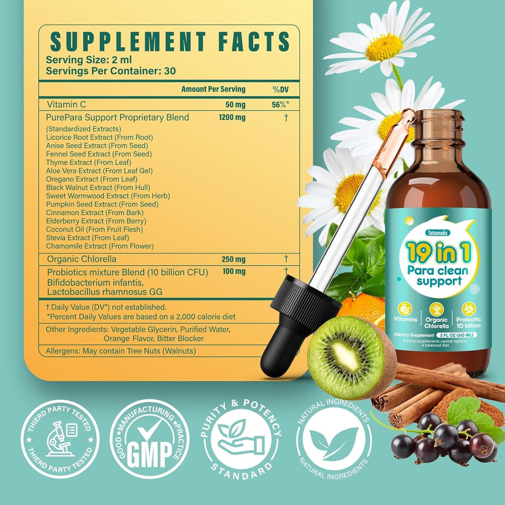 19 in 1 Herbal Gut Cleanse Drops – Wormwood, Black Walnut, Chlorella 250Mg, 10B Probiotics, Clove & Oregano – Liquid Detox Support for Adults & Kids, Alcohol-Free, 2Oz