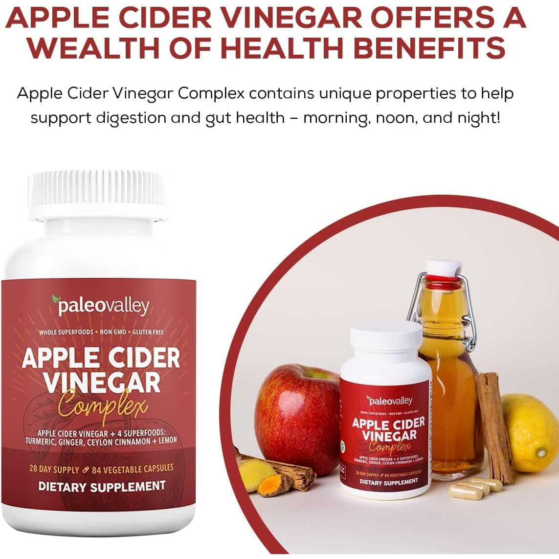 Paleovalley Apple Cider Vinegar Complex with Superfoods - Turmeric, Ginger, Ceylon Cinnamon and Lemon - 84 Vegetable Capsules