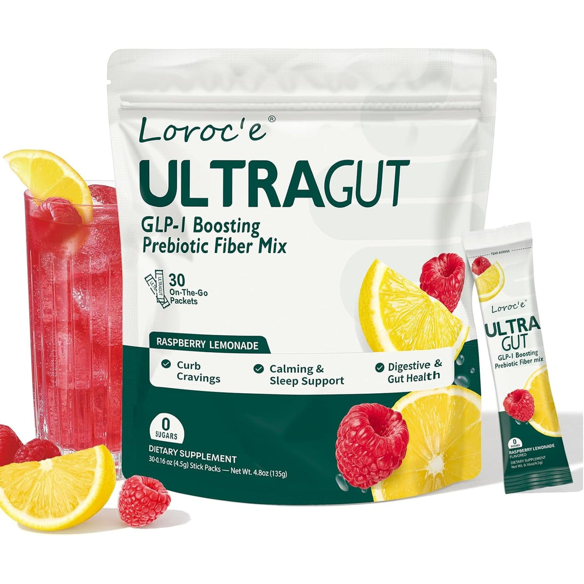 Ultragut GLP-1 Booster Fiber Mix Drink, Cortisol Reducer & Sleep Aid, for Weight Loss & Gut Health - with Prebiotics, Magnesium Glycinate, L-Theanine, Ashwagandha, Vitamin D, No Sugar, 30 Servings