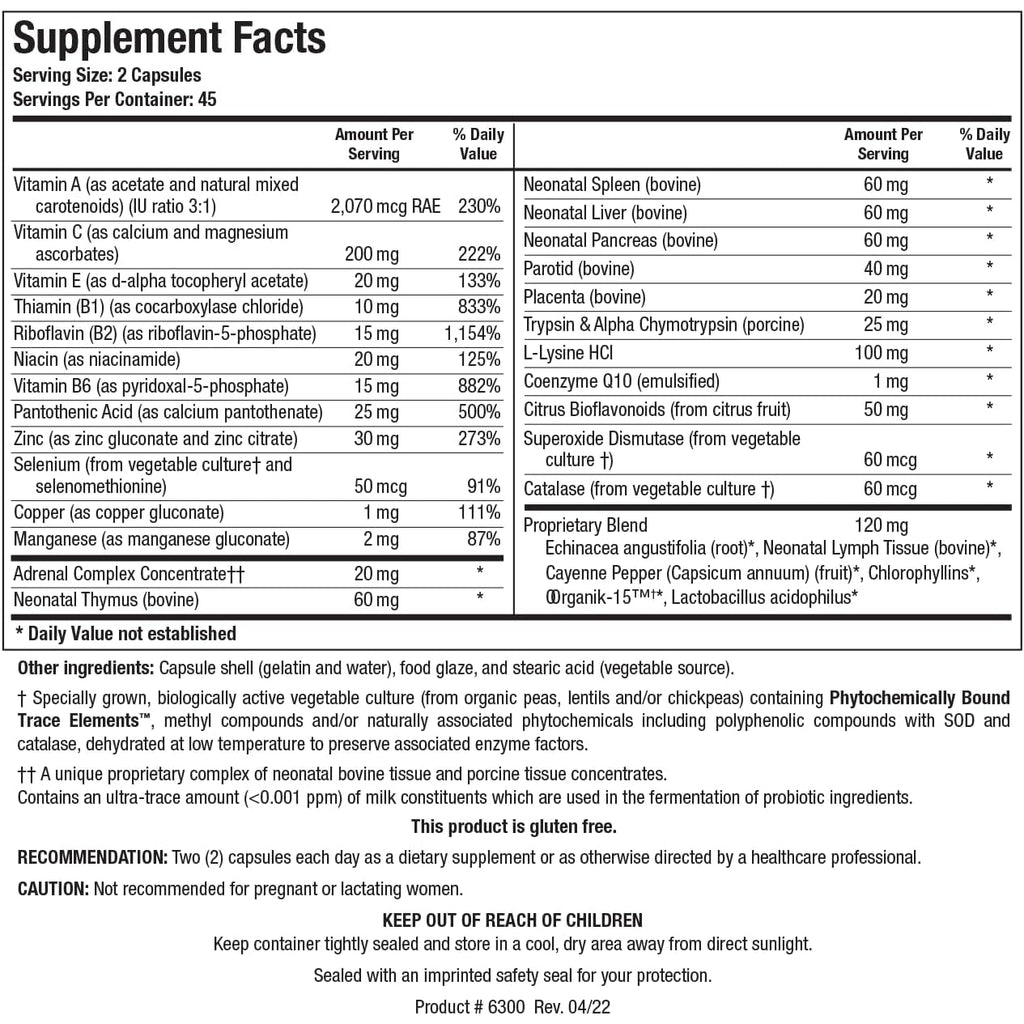 Biotics Research Bio Immunozyme Forte Multivitamin/Mineral to Support Normal, Healthy Immune Function, Echinacea, Cayenne Pepper, Lactobacillus Acidophilus, Probiotics, Amino Acids 90 Capsules