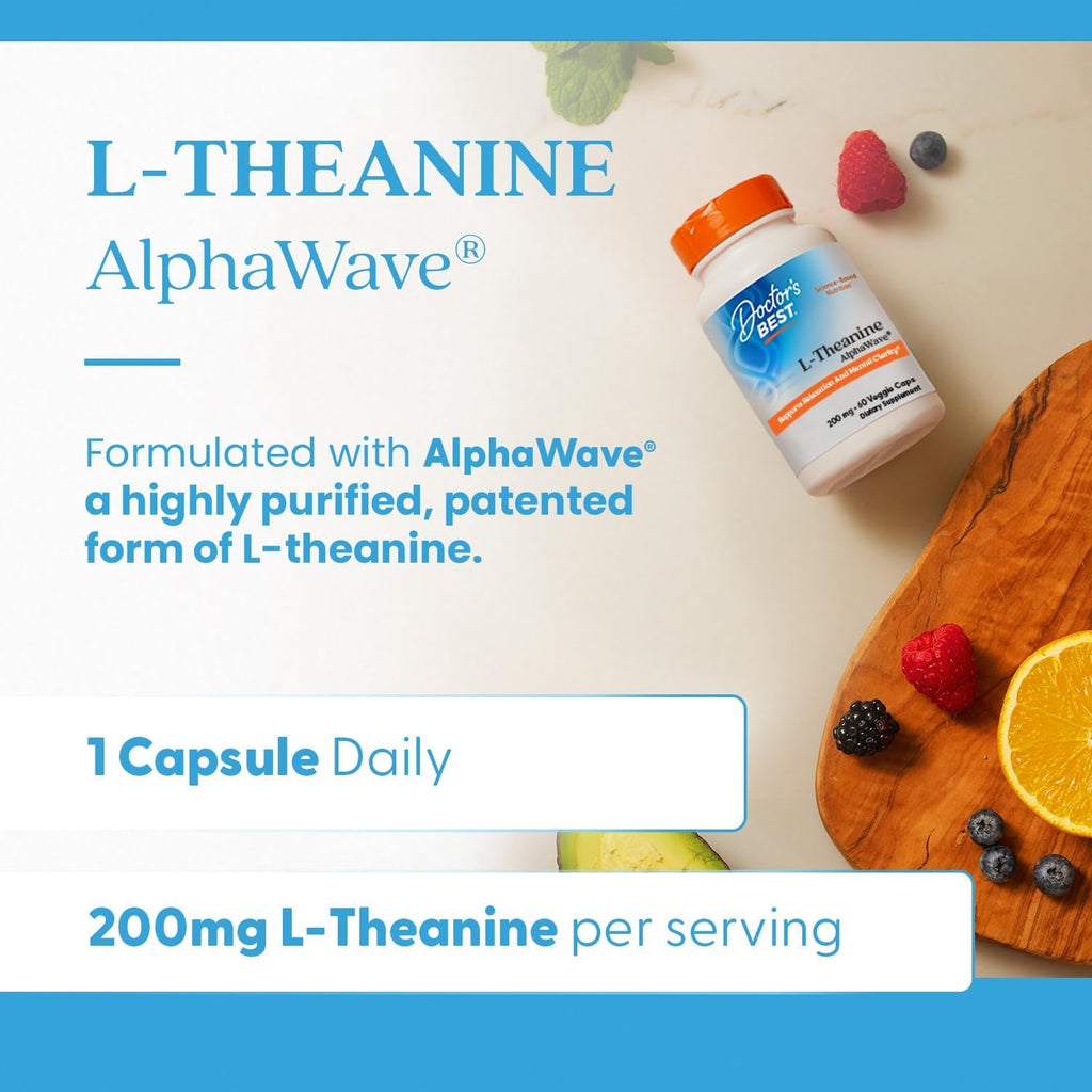 Doctor'S Best L-Theanine Caps 200Mg for Men & Women - L Theanine Alphawave Supplement for Calm & Focus Support, Helps Reduce Stress, Vegan, Gluten Free, Soy Free, Non GMO - 60 Veg Capsules
