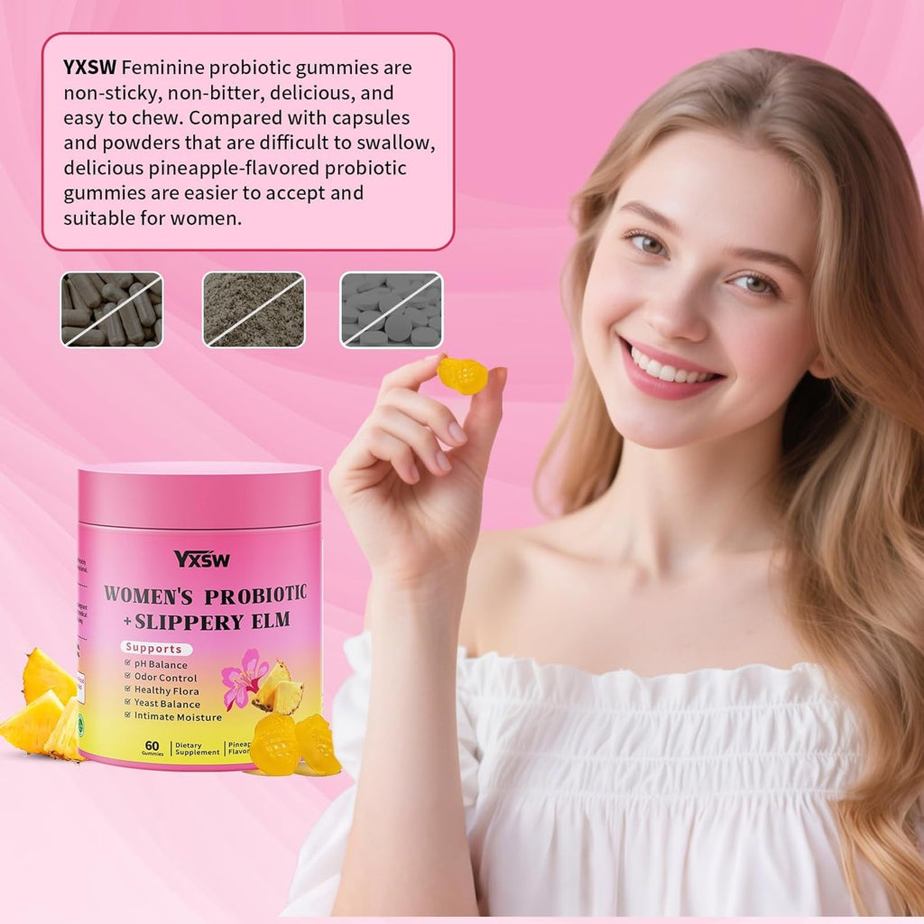 Women'S Probiotics Slippery Elm Gummies, Sugar-Free Feminine Probiotics Gummies Support Ph Balance, Gut Health & Immune System, Pineapple Flavor, 60 Count
