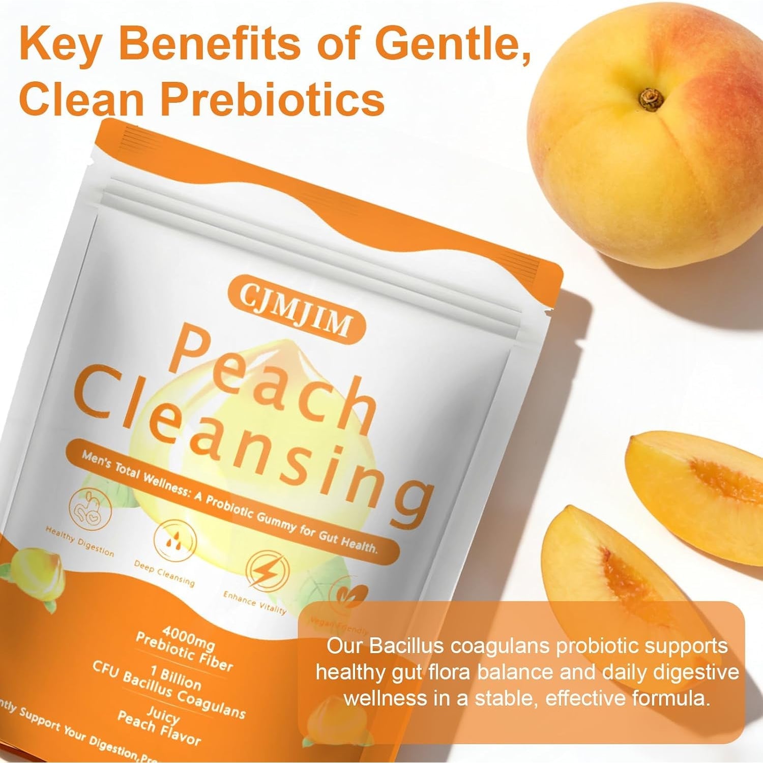 Peachy Clean Fiber Gummies with Prebiotic for Men, Peach Flavored Digestive Support & Detox Gummy Supplement, 60 Vegan Gummy Bears for Regularity & Gut Health (1)