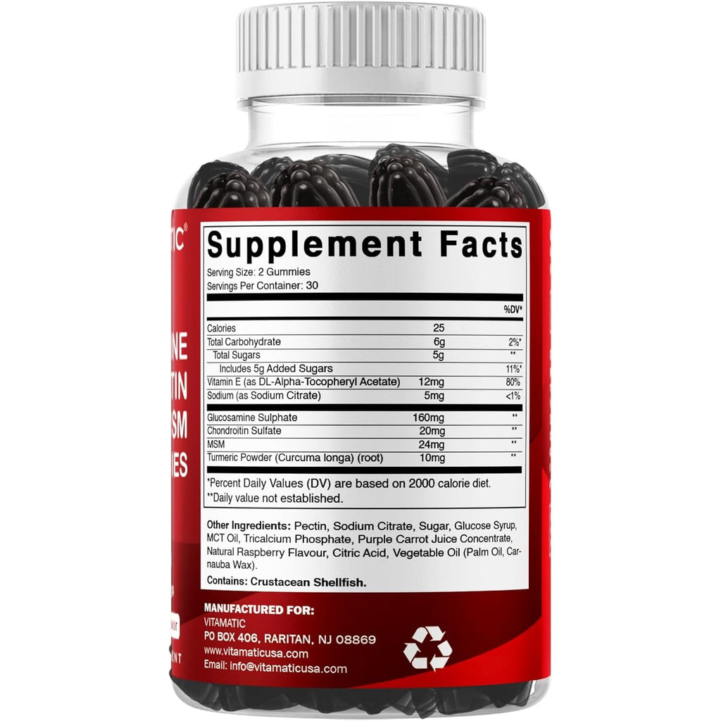 Vitamatic Glucosamine Chondroitin Gummies with MSM & Vitamin E – Joint Support Formula – 60 Pectin-Based Vegan Gummies