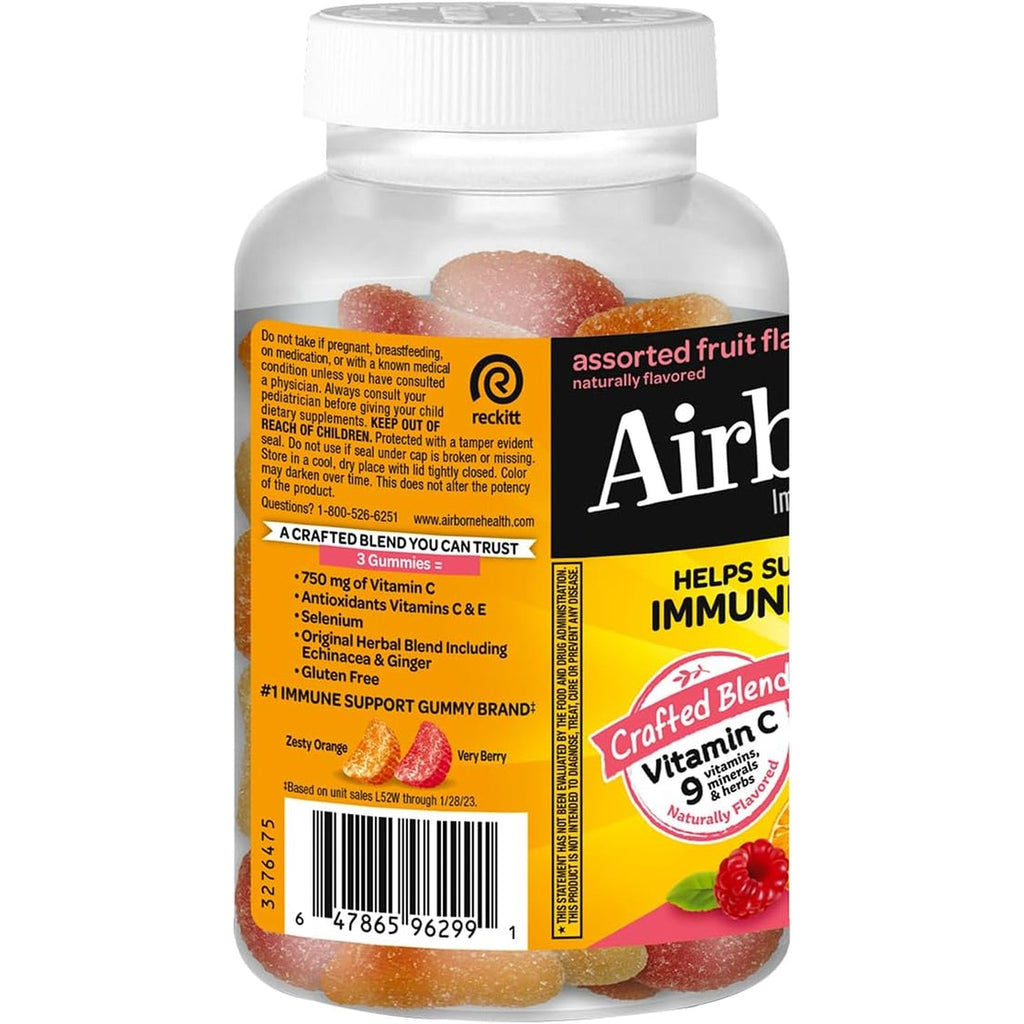 Airborne Immune Support Gummies, Assorted Fruit Flavor, 63 Ct - 750 Mg Vitamin C + Vitamins A, D & E + Zinc, Selenium, and Manganese | with Herbal Blend | Naturally Flavored