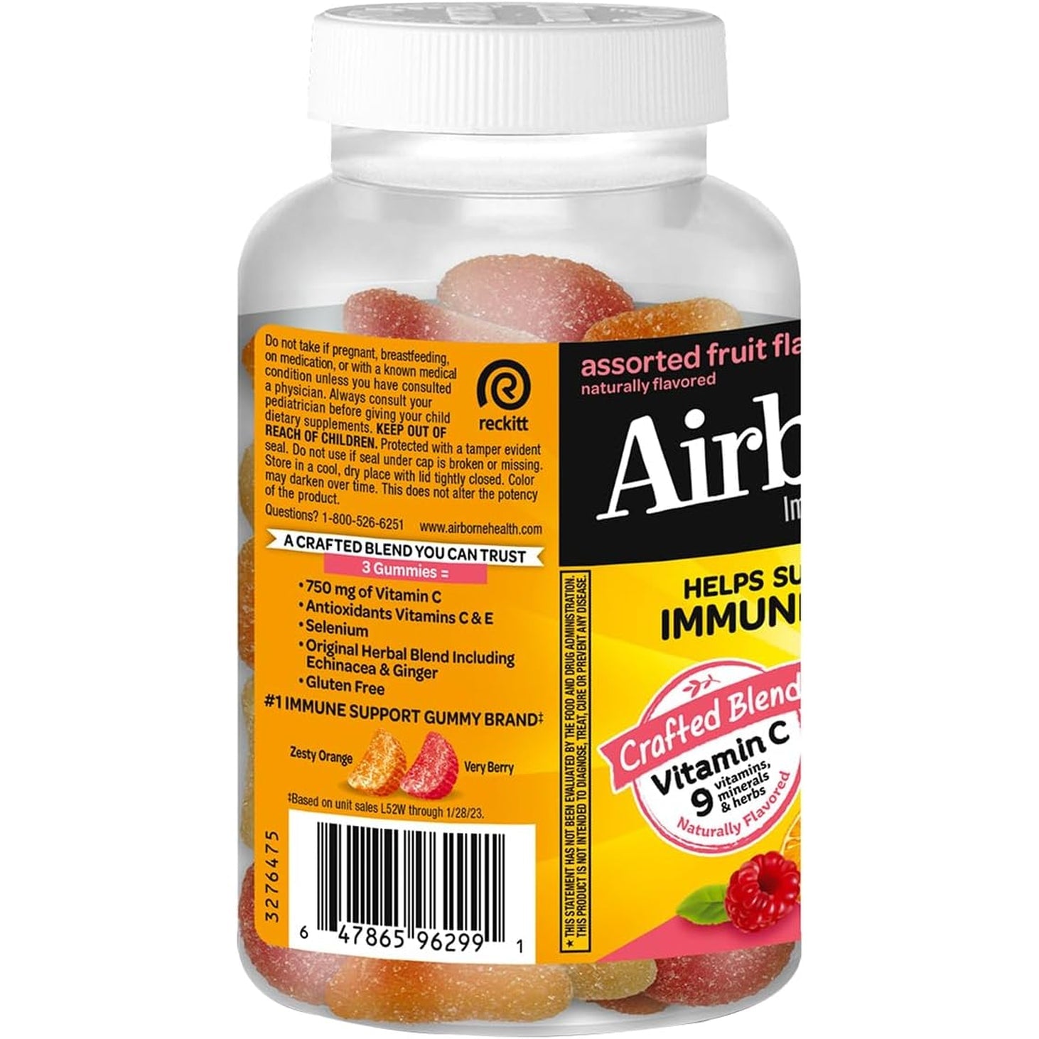 Airborne Immune Support Gummies, Assorted Fruit Flavor, 63 Ct - 750 Mg Vitamin C + Vitamins A, D & E + Zinc, Selenium, and Manganese | with Herbal Blend | Naturally Flavored